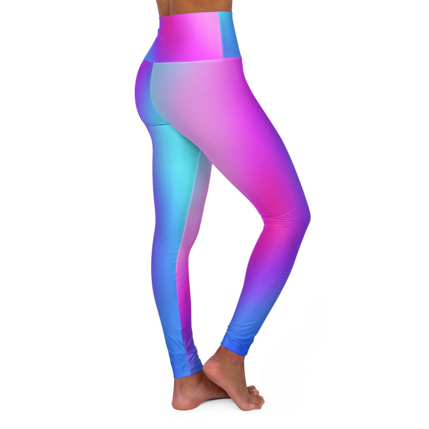Woman wearing Vibrant Gradient Cool Colors High Waist Yoga Leggings  Right Side View on a White Background - Printspirationz