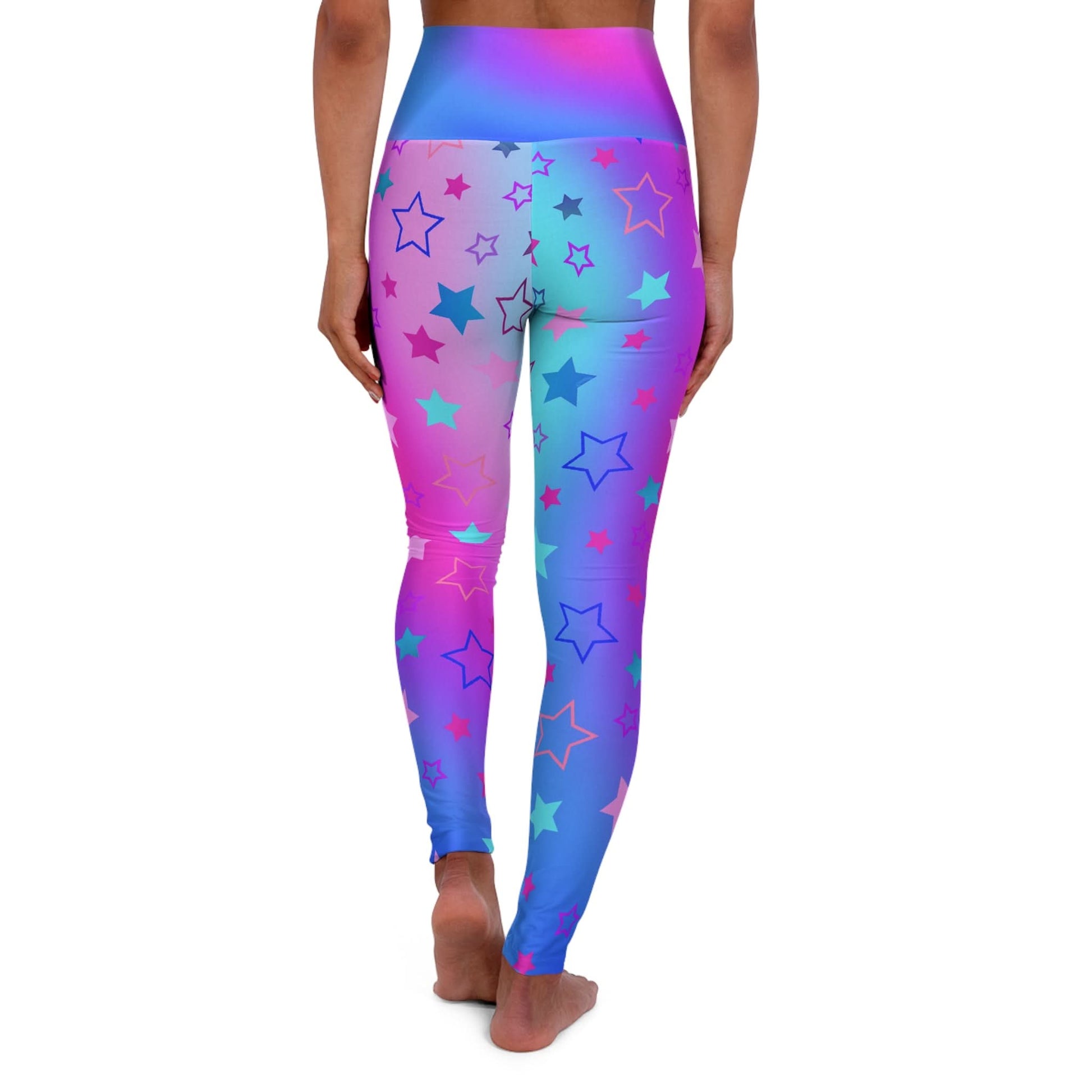 Woman wearing Vibrant Cool Color Tones Star Print High Waist Yoga Leggings Back View on a White Background - Printspirationz