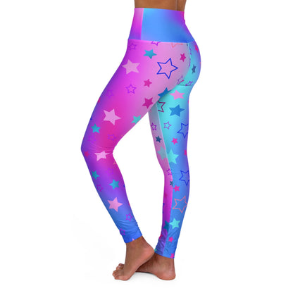 Woman wearing Vibrant Cool Color Tones Star Print High Waist Yoga Leggings Left View on a White Background - Printspirationz