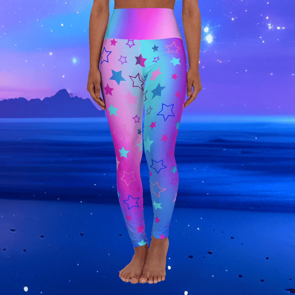 Vibrant High Waist Yoga Leggings with Cool Color Tones Star Print