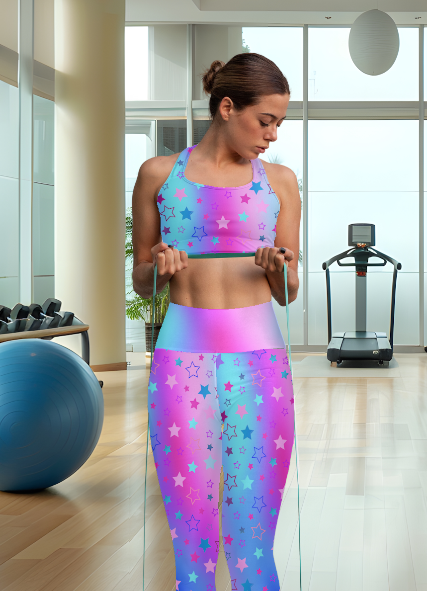 Vibrant High Waist Yoga Leggings with Cool Color Tones Star Print