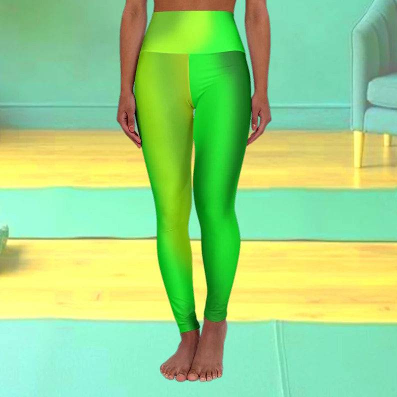 Woman wearing bright Gradient Green High Waist Yoga Leggings  on a neutral background - Printspirationz