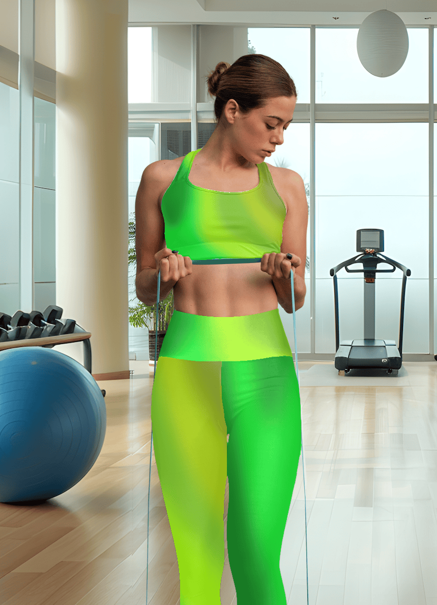 Woman in Vibrant Gradient Green High Waist Yoga Leggings, exercising with resistance bands in a gym setting - Printspirationz