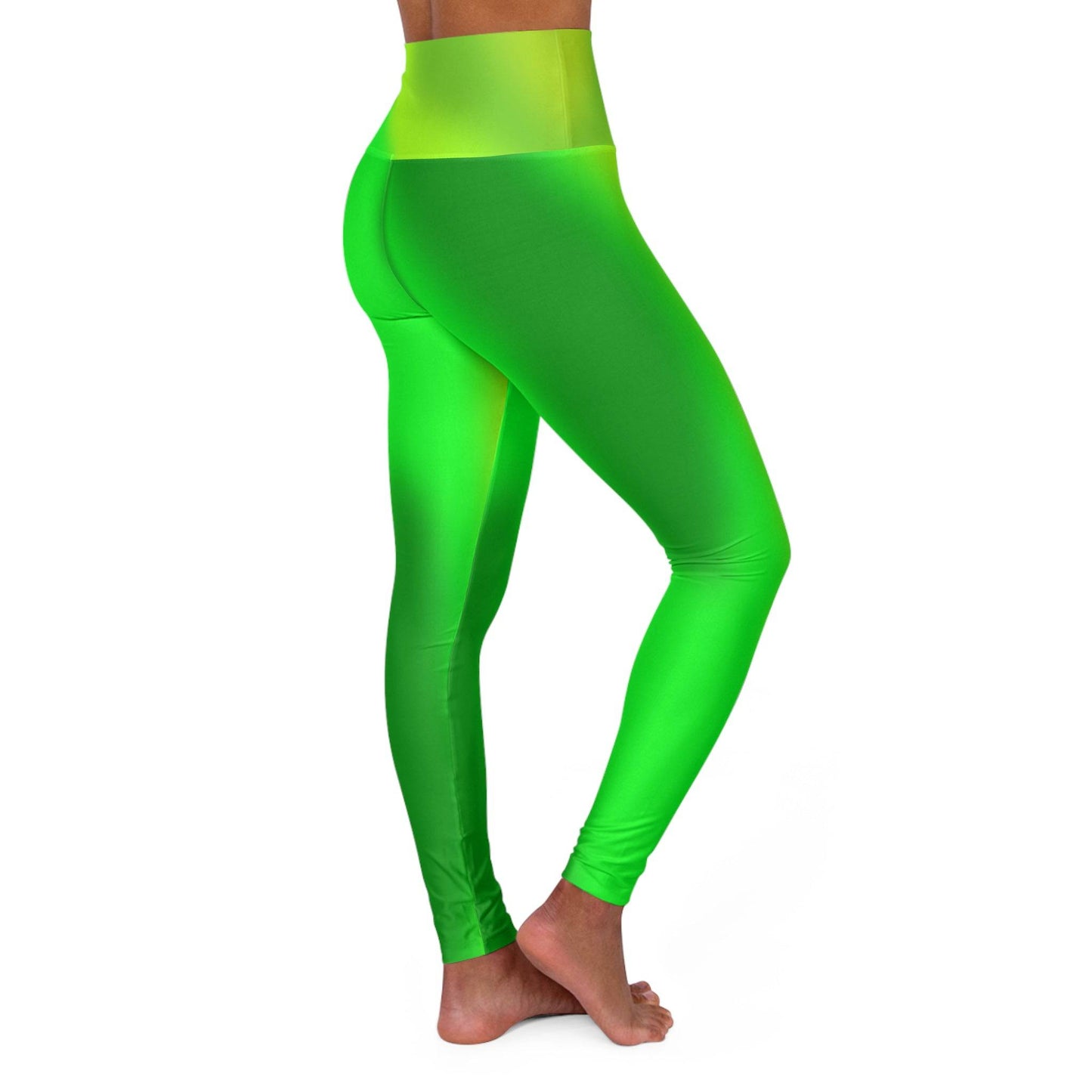 Woman in Vibrant Gradient Green High Waist Yoga Leggings Right View on a White Background - Printspirationz