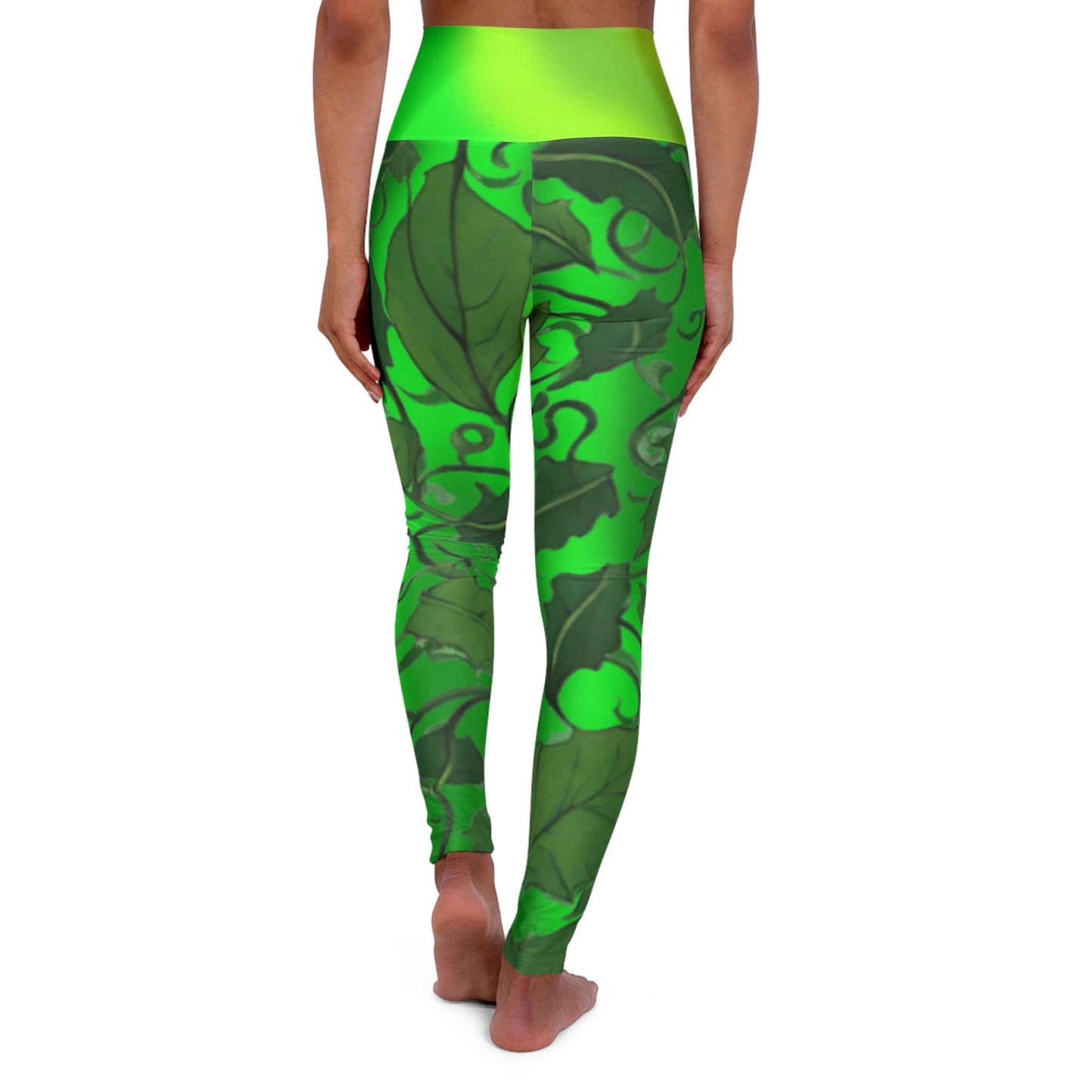Woman wearing Vibrant Gradient Green Leaves High Waist Yoga Leggings  Back View on a White Background - Printspirationz