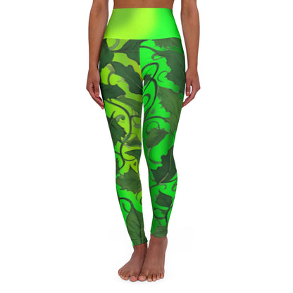Woman wearing Vibrant Green Leaves High Waist Yoga Leggings  Front View on a White Background - Printspirationz