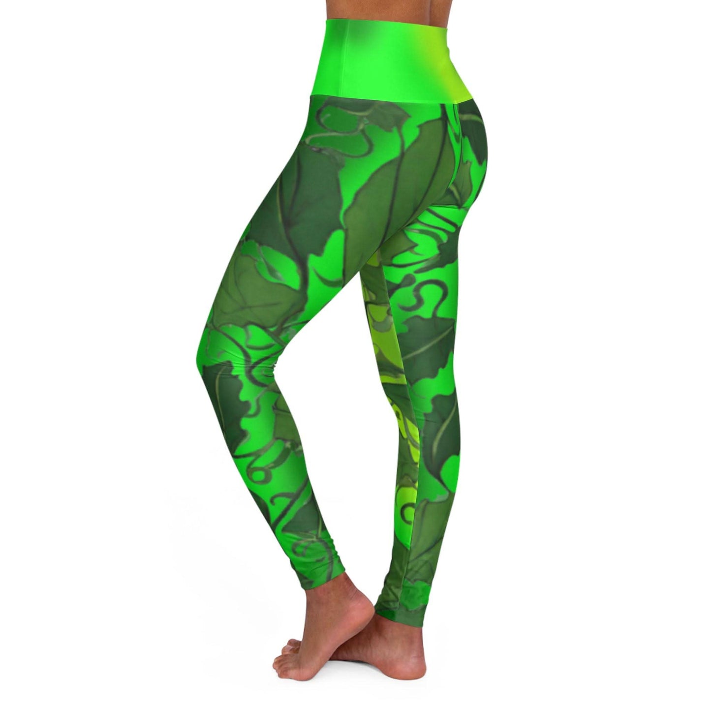 Woman wearing Vibrant Gradient Green Leaves High Waist Yoga Leggings  Left Side View on a White Background - Printspirationz