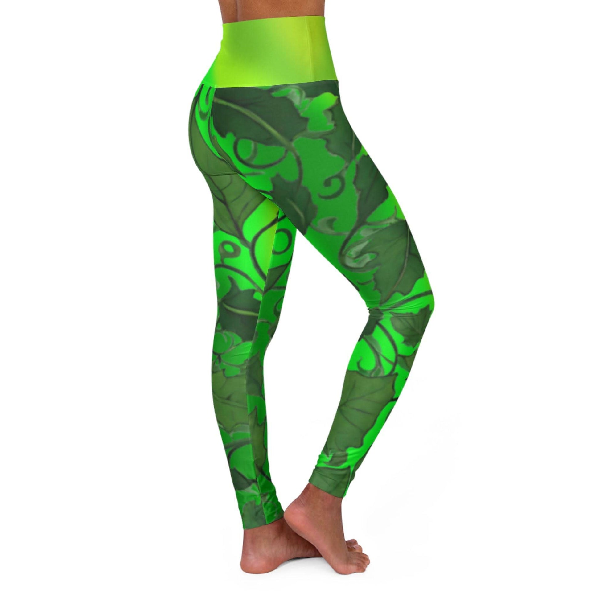 Woman wearing Vibrant Gradient Green Leaves High Waist Yoga Leggings Right Side View on a White Background - Printspirationz