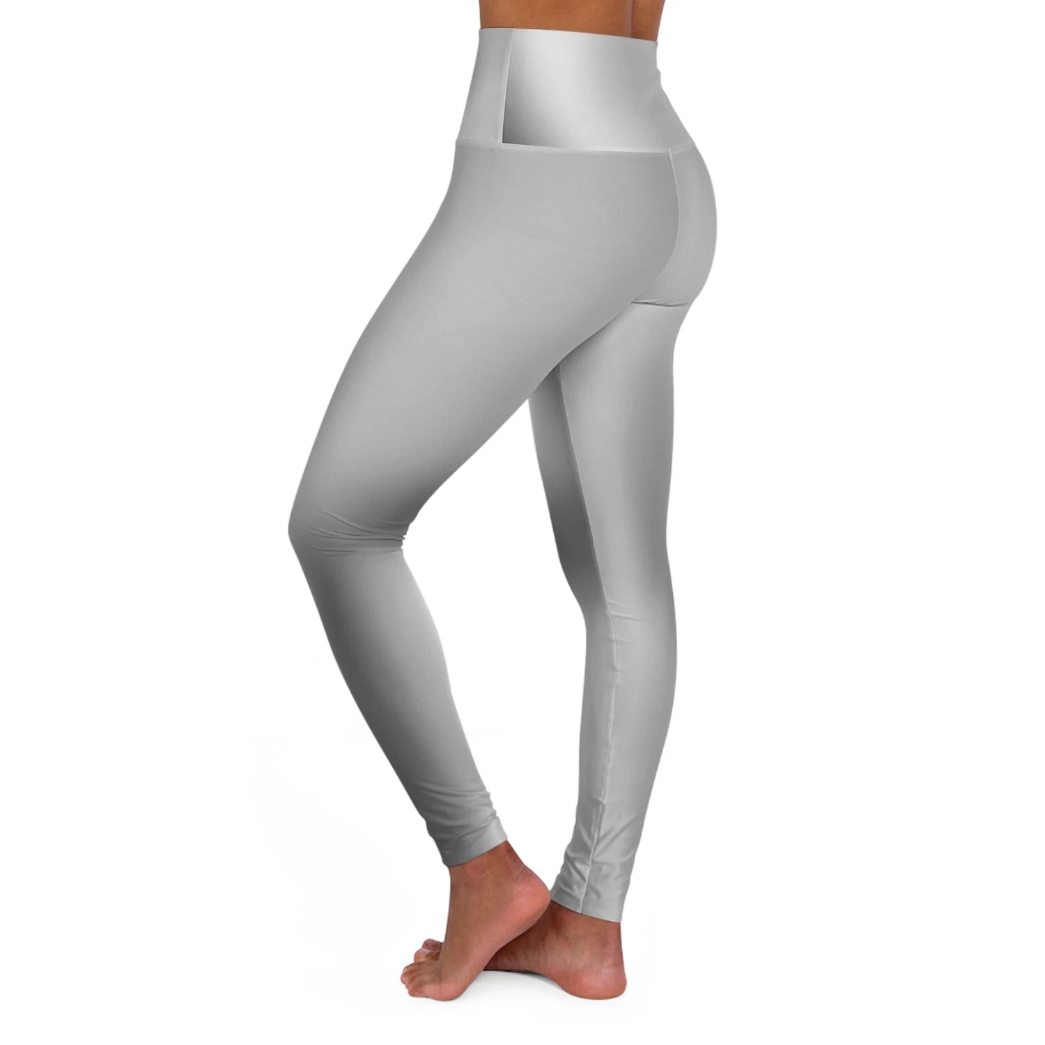 Woman wearing Vibrant Gradient Grey High Waist Yoga Leggings  Left Side View on a White Background - Printspirationz