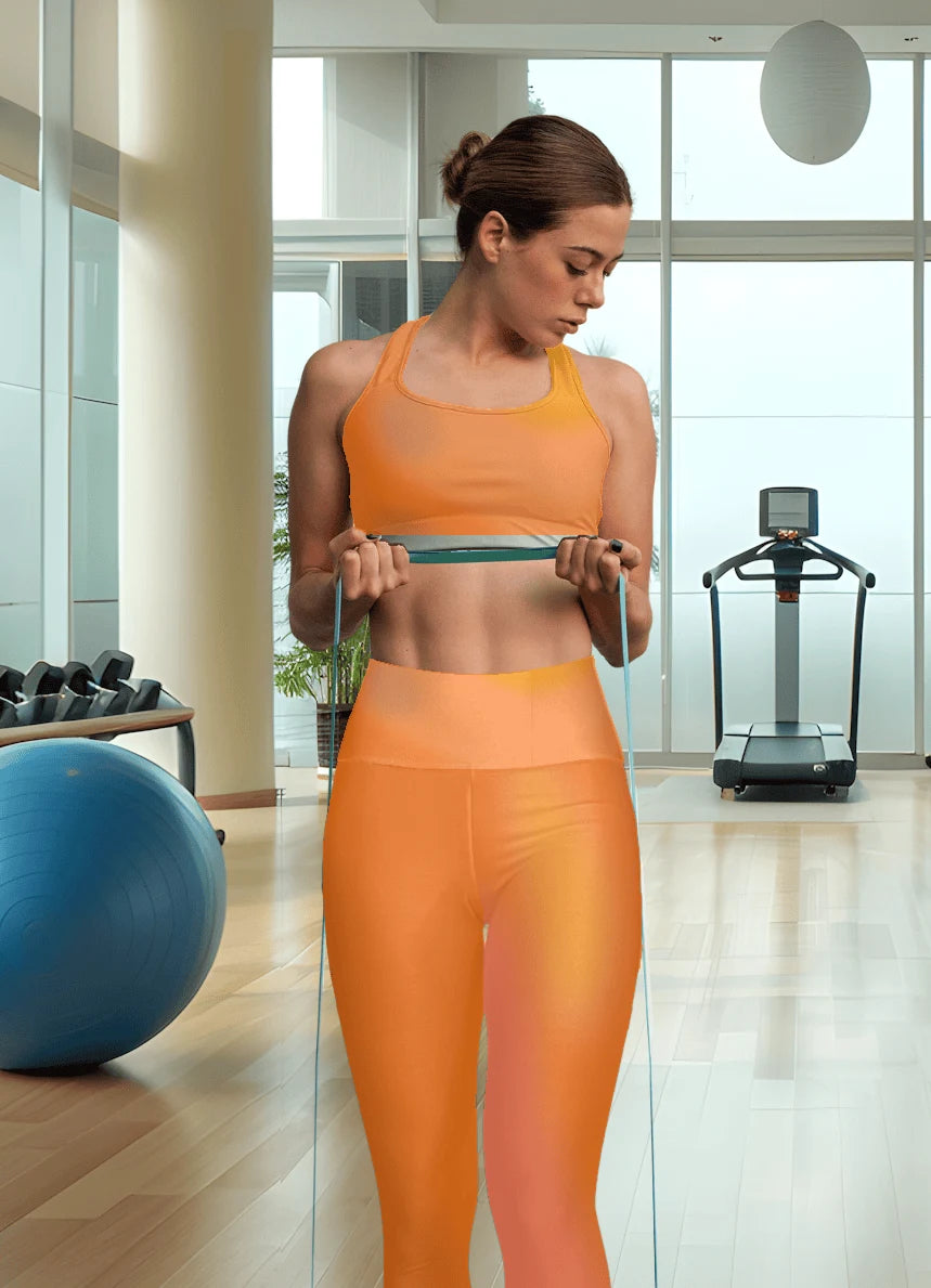 Woman in Vibrant Gradient Orange High Waist Yoga Leggings, exercising with resistance bands in a gym setting - Printspirationz