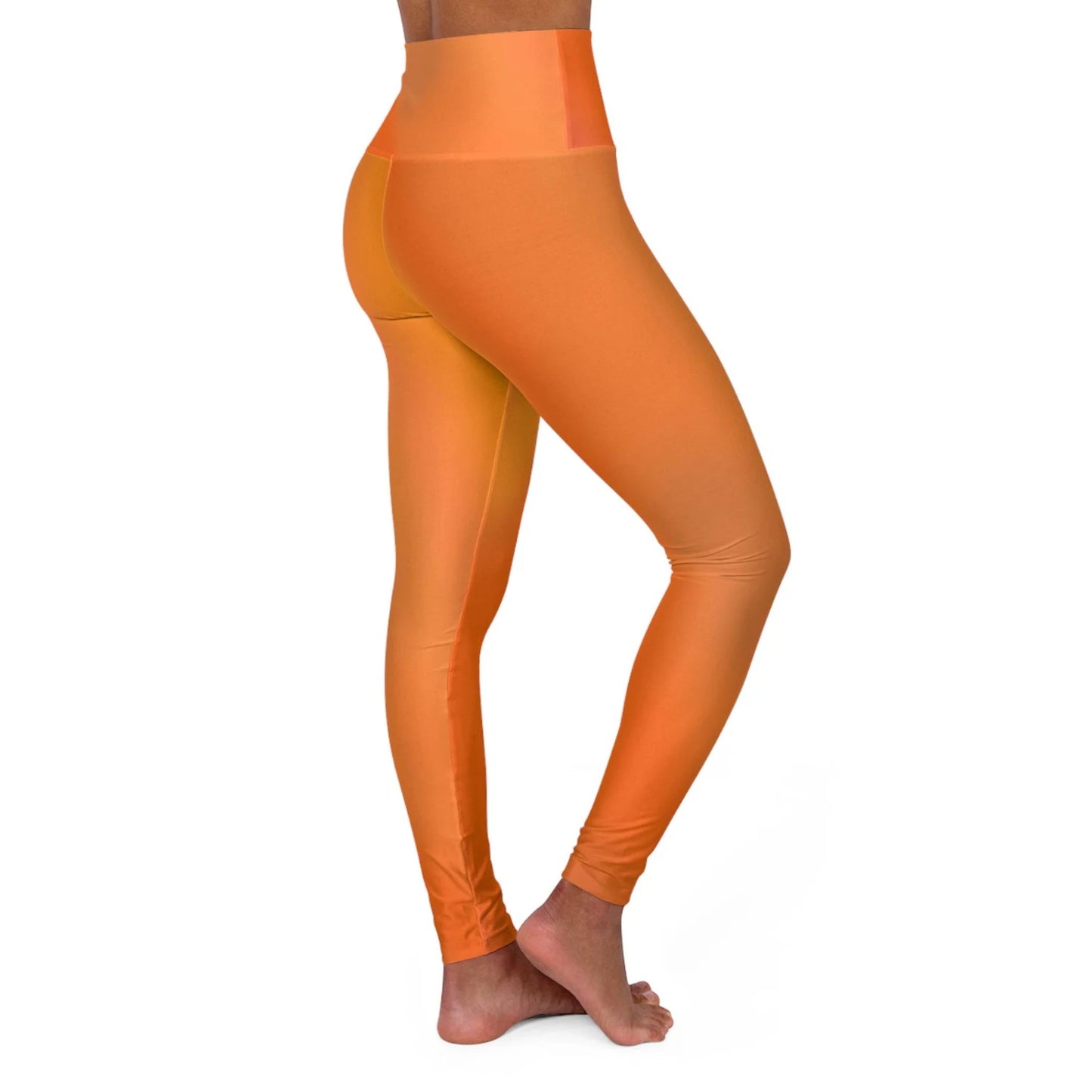 Woman in Vibrant Gradient Orange High Waist Yoga Leggings Right View on a White Background - Printspirationz