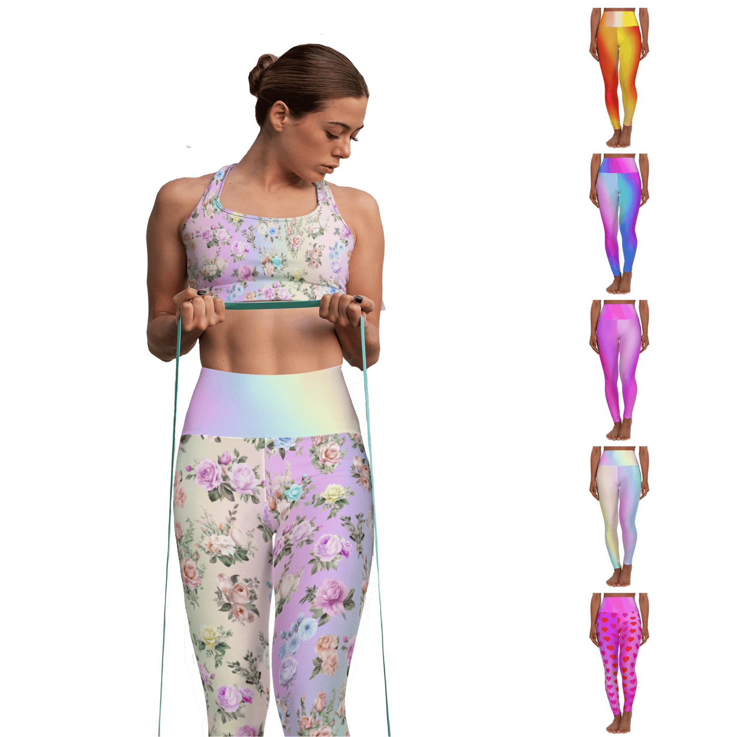 High Waist Yoga Leggings Vibrant Gradient Colored - Pastel Rainbow Floral - Printspirationz