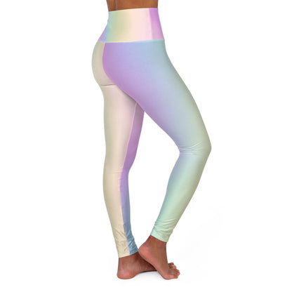 Woman wearing Vibrant Gradient Pastel Rainbow High Waist Yoga Leggings  Right Side View on a White Background - Printspirationz