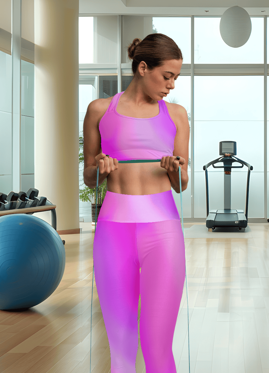 Woman in Vibrant Gradient Pink High Waist Yoga Leggings exercising with resistance bands in a gym setting - Printspirationz