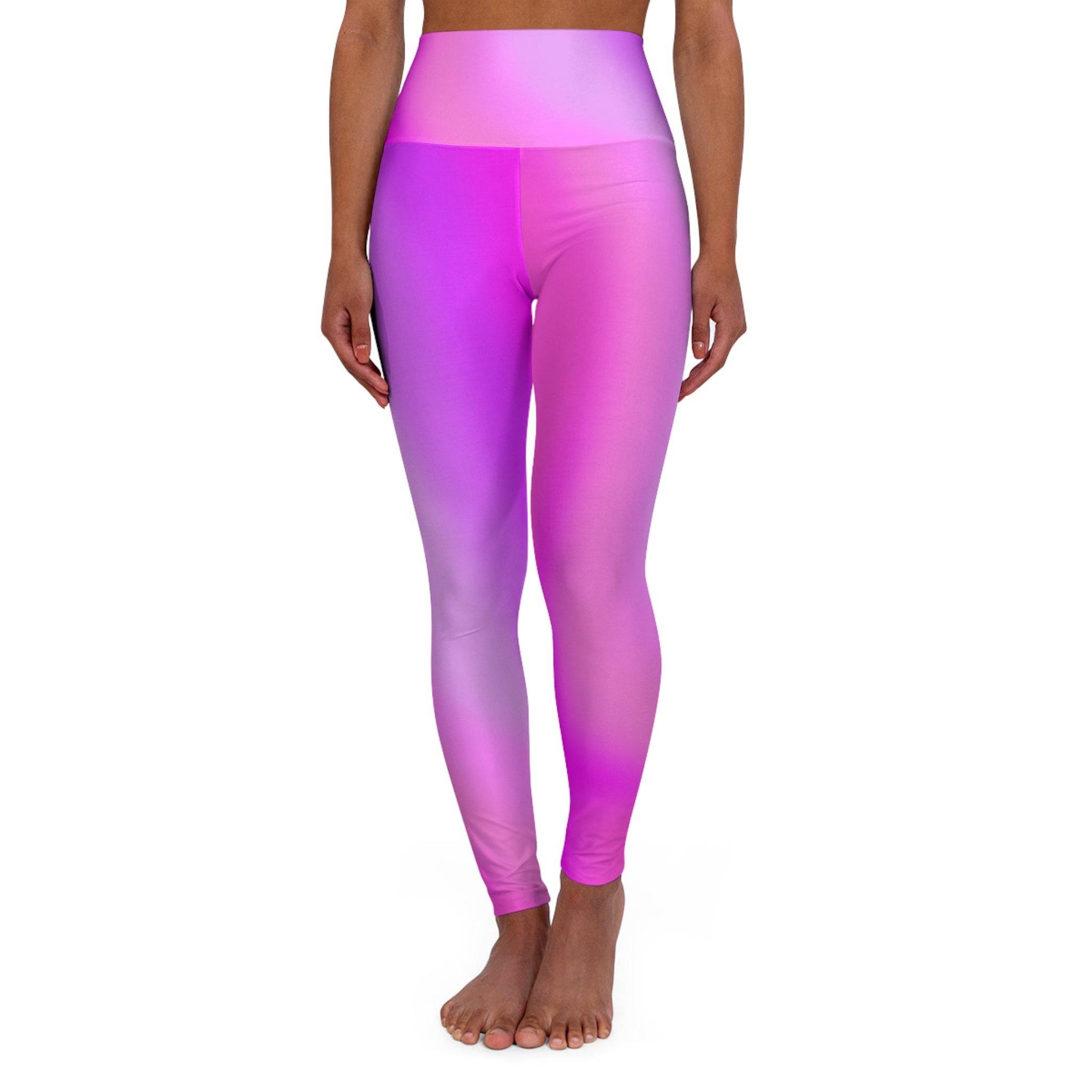 Woman wearing Vibrant Gradient Pink High Waist Yoga Leggings  Front View on a White Background - Printspirationz