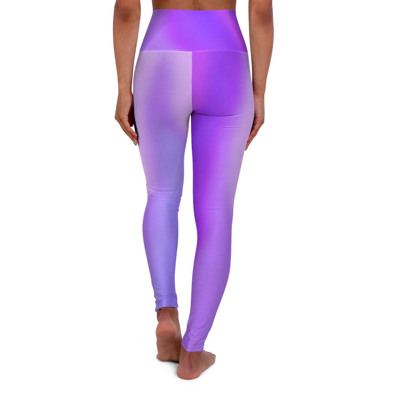 Woman wearing Vibrant Gradient Purple High Waist Yoga Leggings  Back View on a White Background - Printspirationz