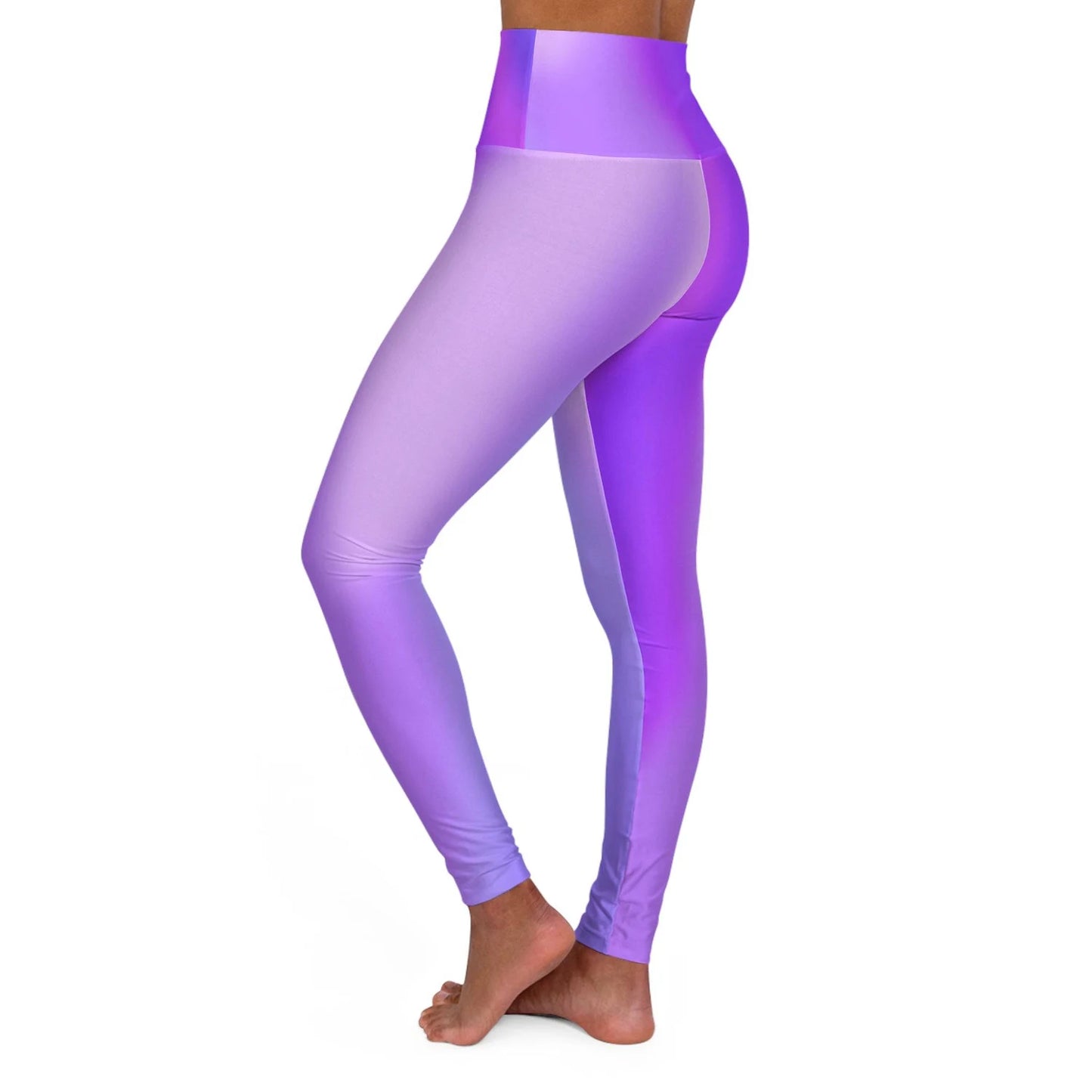 Woman wearing Vibrant Gradient Purple High Waist Yoga Leggings  Left Side View on a White Background - Printspirationz