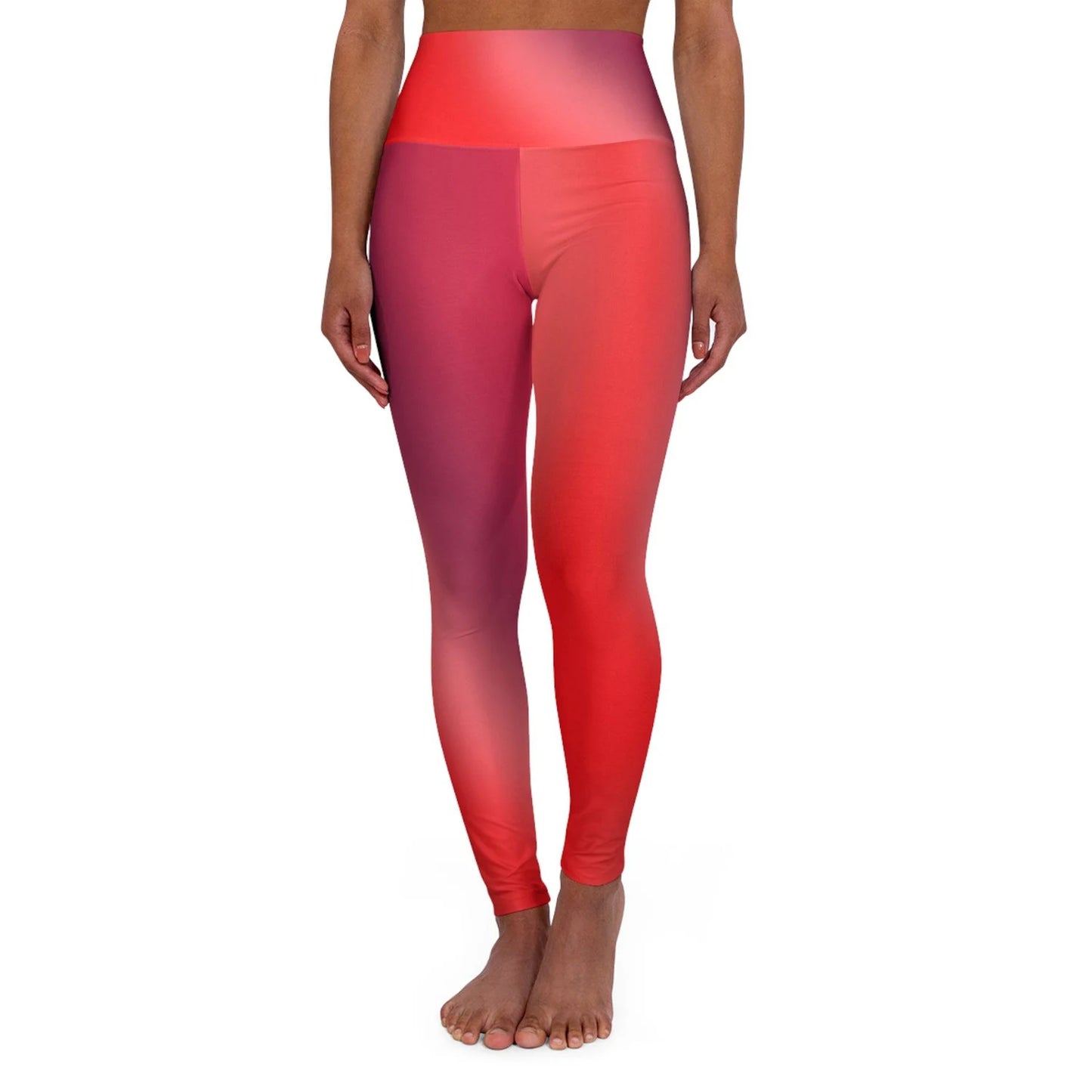 Woman wearing Vibrant Gradient Red High Waist Yoga Leggings  Front View on a White Background - Printspirationz