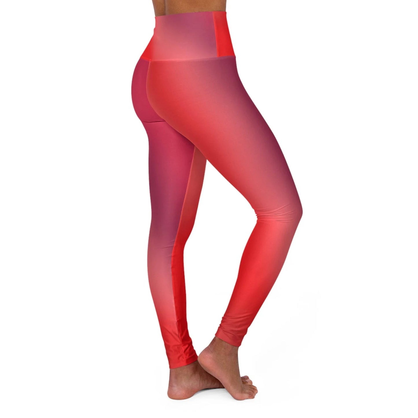 Woman wearing Vibrant Gradient Red High Waist Yoga Leggings  Right Side View on a White Background - Printspirationz