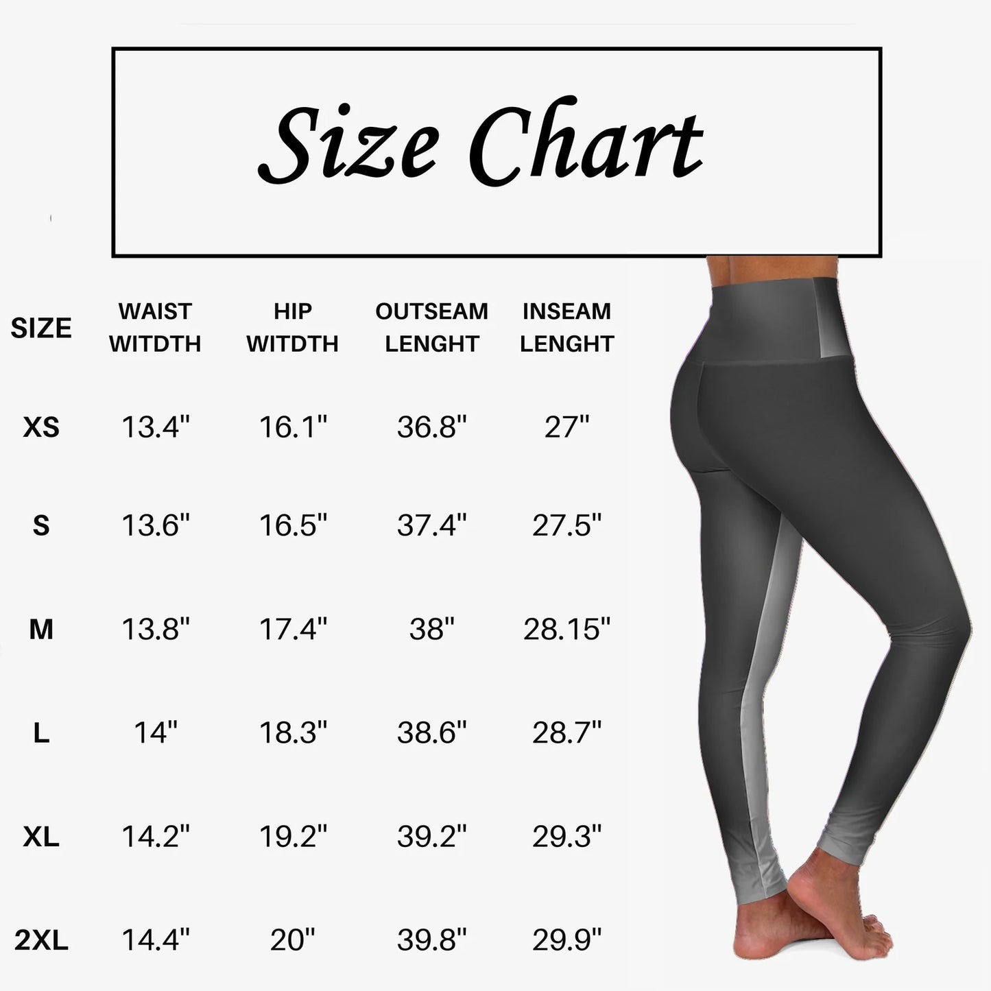 Size chart for Vibrant Gradient Black High Waist Yoga Leggings with measurements displayed. - Printspirationz