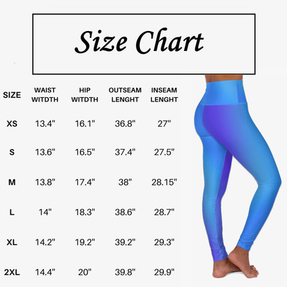 Size chart for Vibrant Gradient Blue High Waist Yoga Leggings with measurements displayed. - Printspirationz