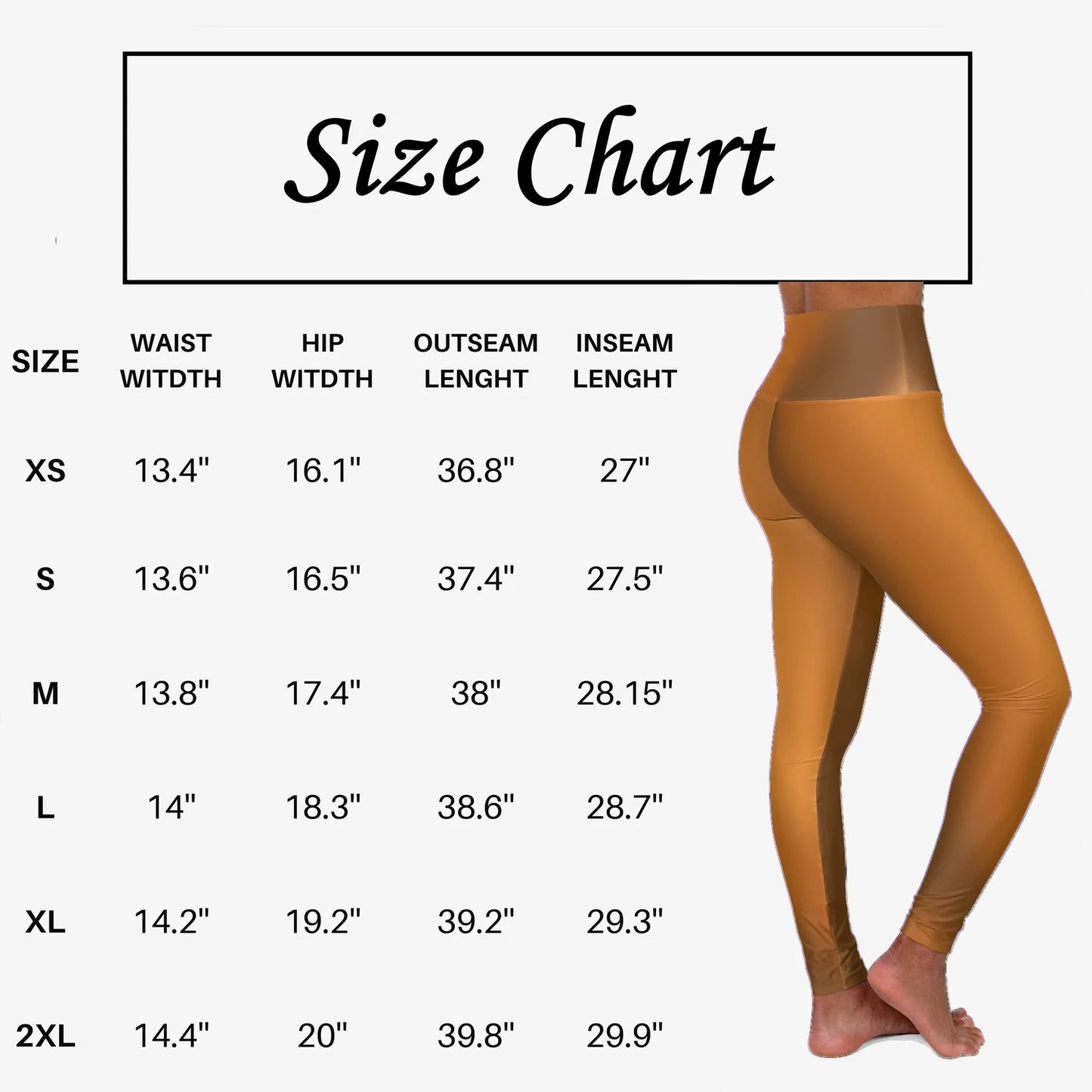 Size chart for Brown High Waist Yoga Leggings with measurements displayed. - Printspirationz