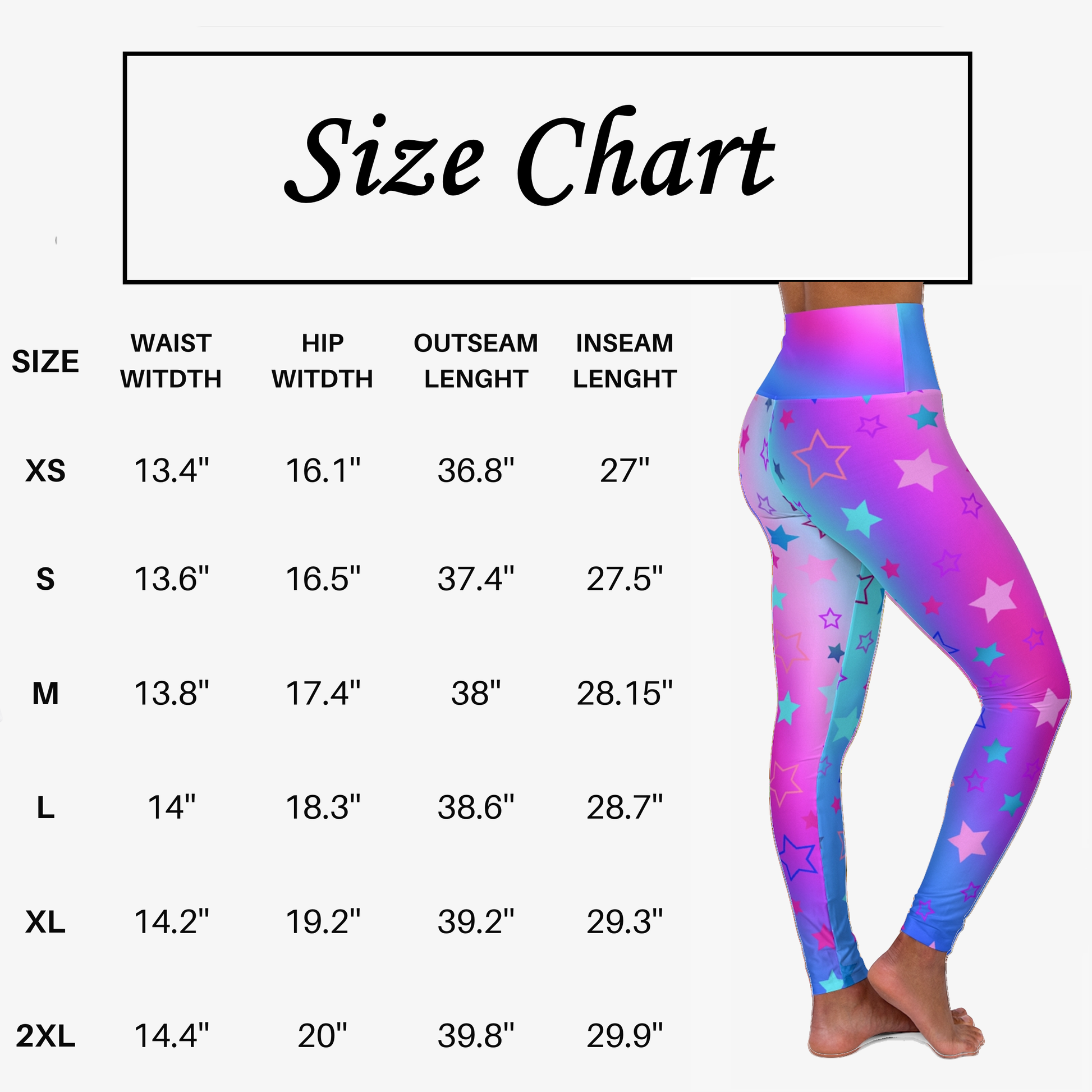 Size chart for Vibrant Cool Color Tones Star Print High Waist Yoga Leggings with measurements displayed. - Printspirationz