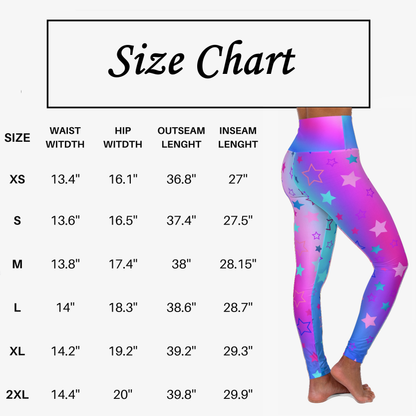 Size chart for Vibrant Cool Color Tones Star Print High Waist Yoga Leggings with measurements displayed. - Printspirationz