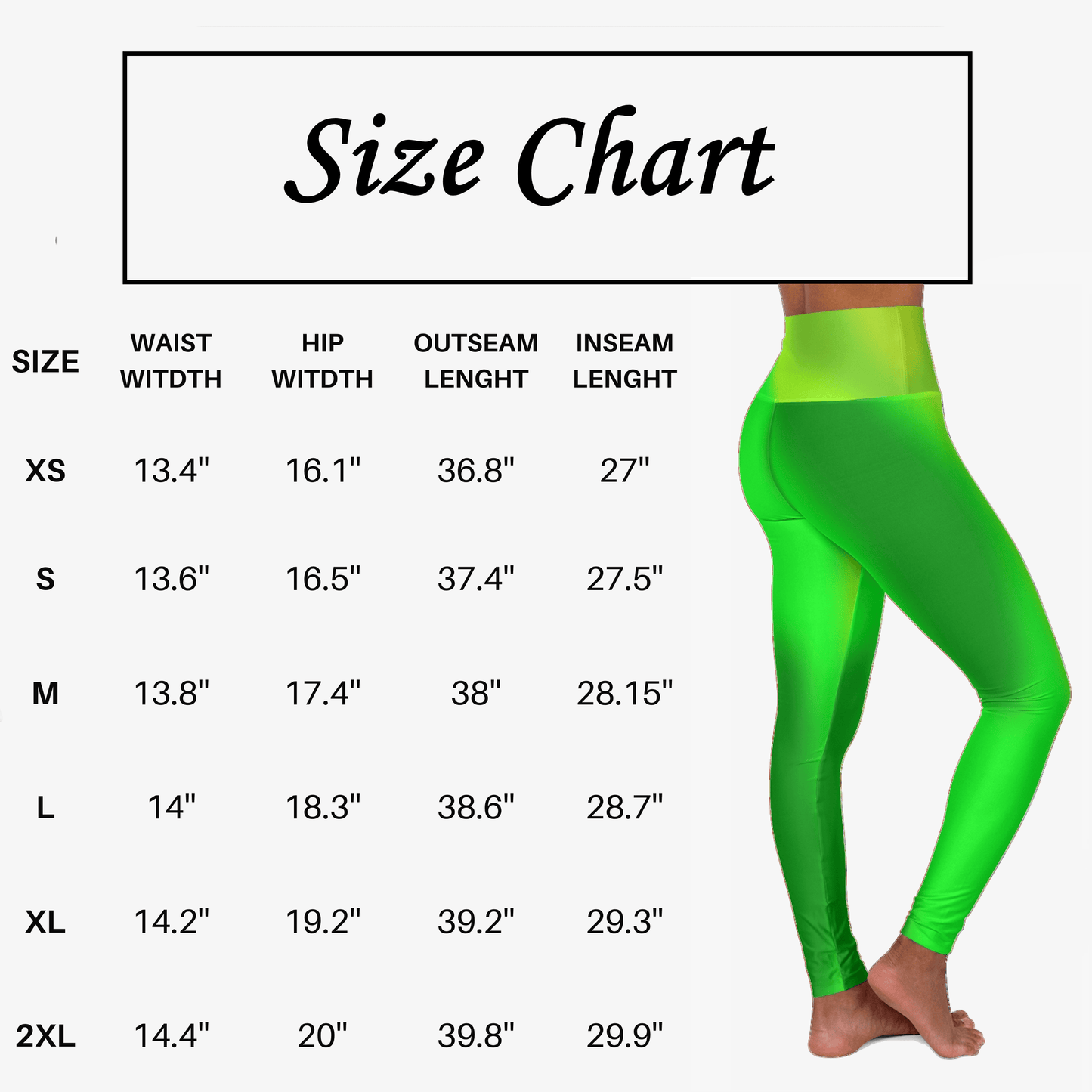 Size chart for Vibrant Gradient Green High Waist Yoga Leggings with measurements displayed. - Printspirationz
