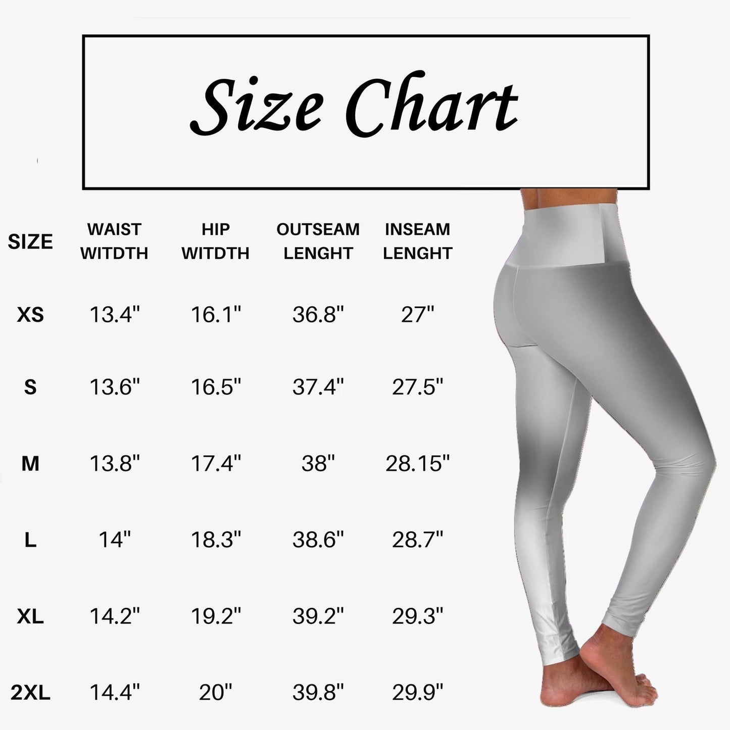 Size chart for Vibrant Gradient Grey High Waist Yoga Leggings with measurements displayed. - Printspirationz