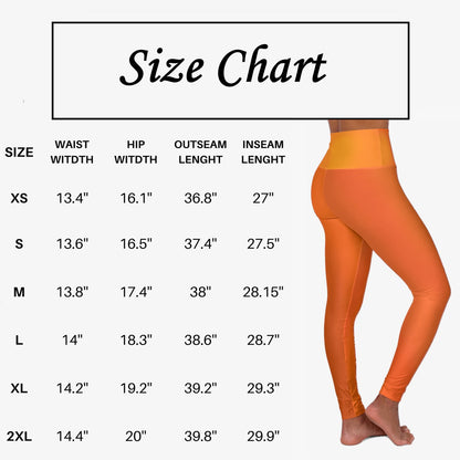 Size chart for Vibrant Gradient Orange High Waist Yoga Leggings with measurements displayed. - Printspirationz