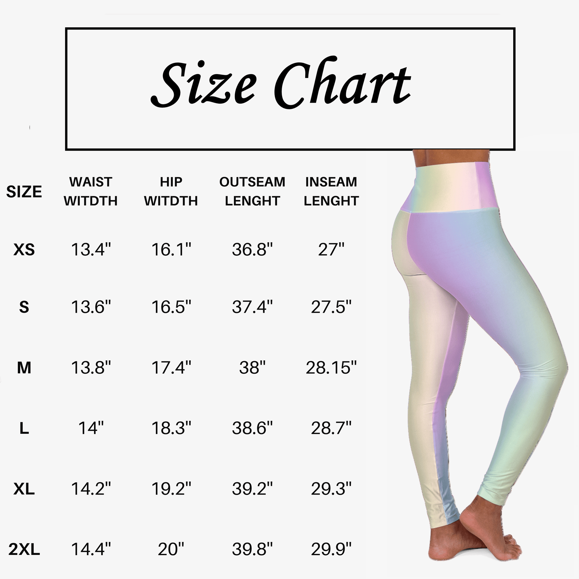 Size chart for Vibrant Gradient Pastel Rainbow High Waist Yoga Leggings with measurements displayed. - Printspirationz
