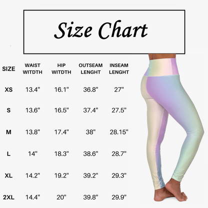 Size chart for Vibrant Gradient Pastel Rainbow High Waist Yoga Leggings with measurements displayed. - Printspirationz