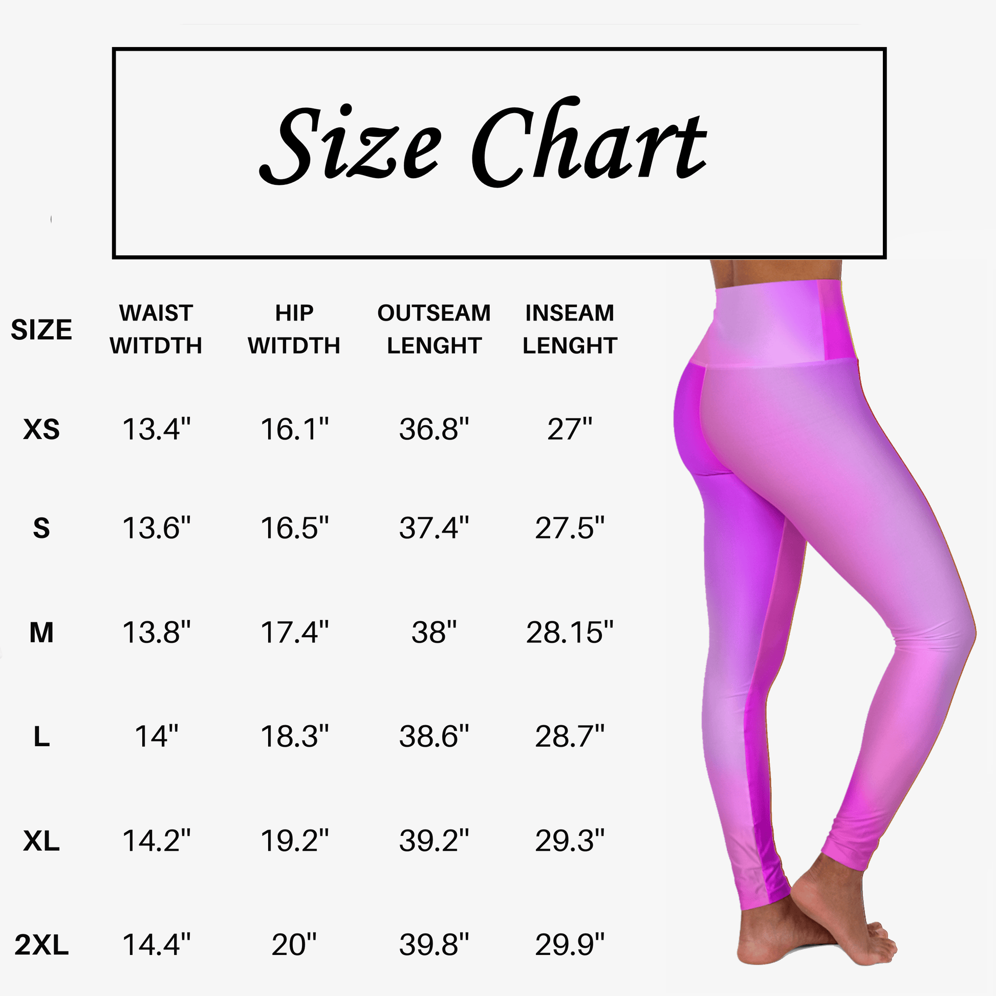 Size chart for Vibrant Gradient Pink High Waist Yoga Leggingswith measurements displayed. - Printspirationz