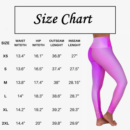 Size chart for Vibrant Gradient Pink High Waist Yoga Leggingswith measurements displayed. - Printspirationz