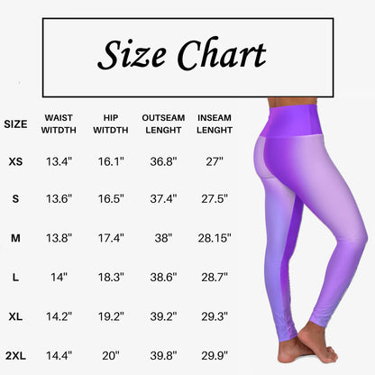 Size chart for Vibrant Gradient Purple High Waist Yoga Leggings with measurements displayed. - Printspirationz