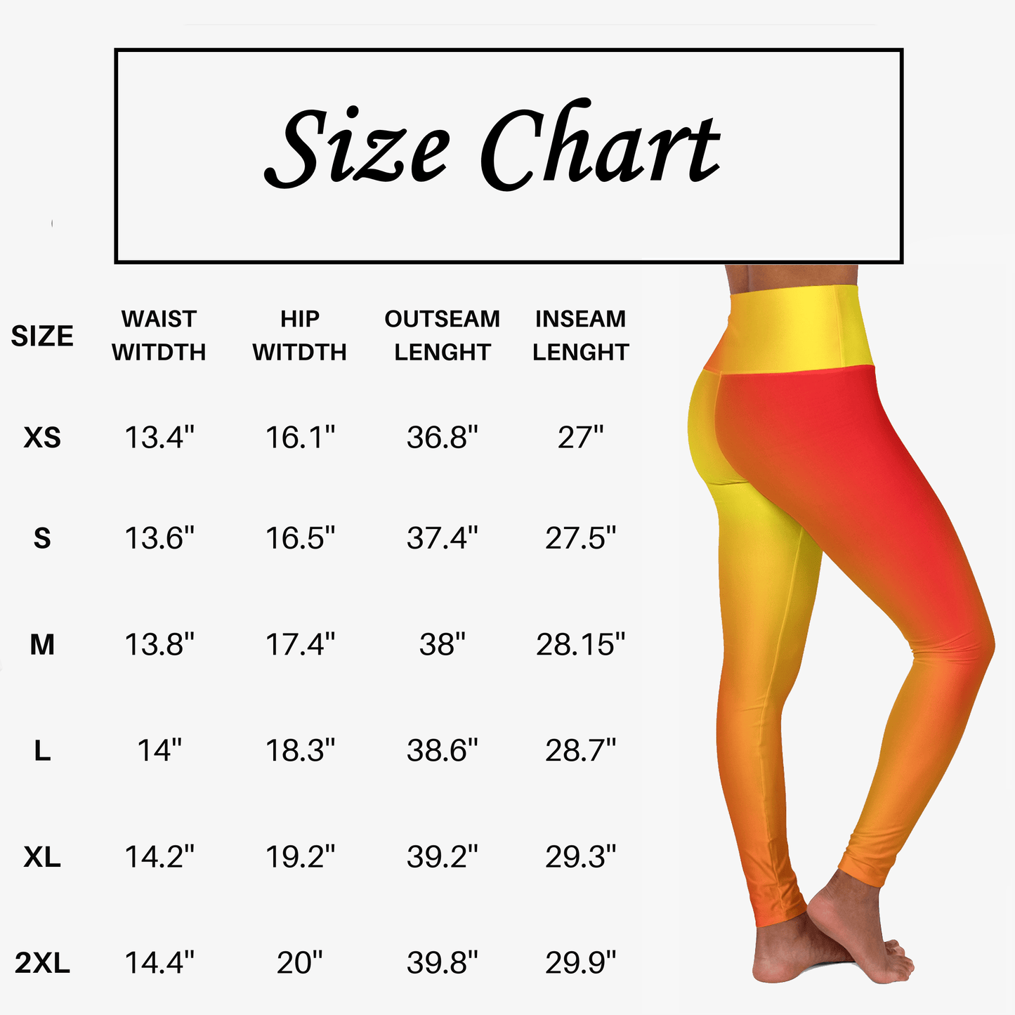 Size chart for Vibrant Gradient Warm Colors High Waist Yoga Leggings with measurements displayed. - Printspirationz