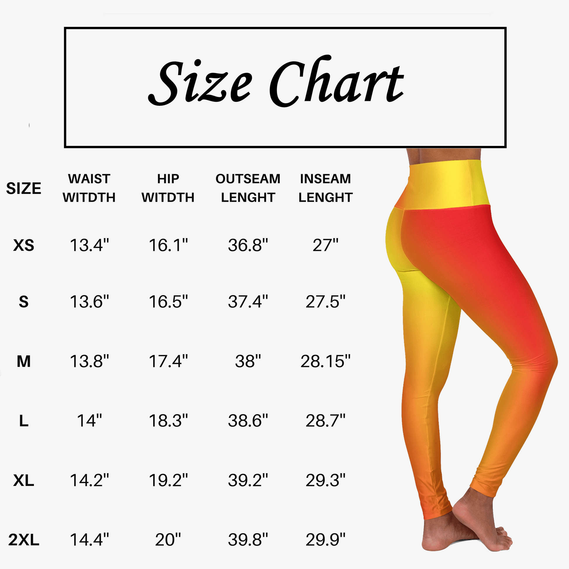 Size chart for Vibrant Gradient Warm Colors High Waist Yoga Leggings with measurements displayed. - Printspirationz