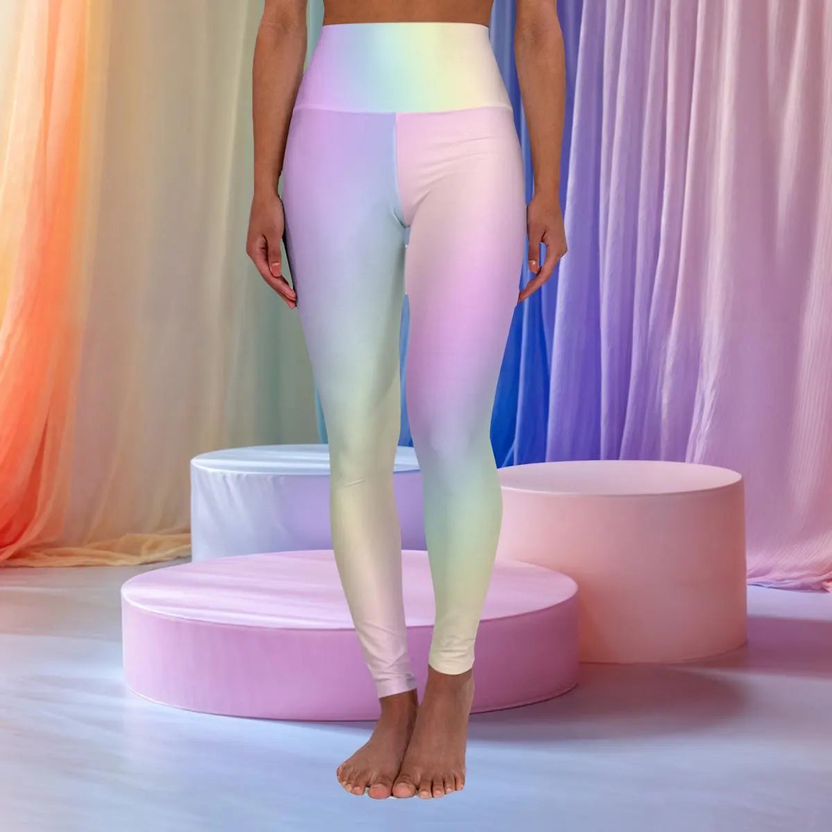 Woman in Soft Gradient Pastel Rainbow High Waist Yoga Leggings in a room with pastel rainbow walls. - Printspirationz