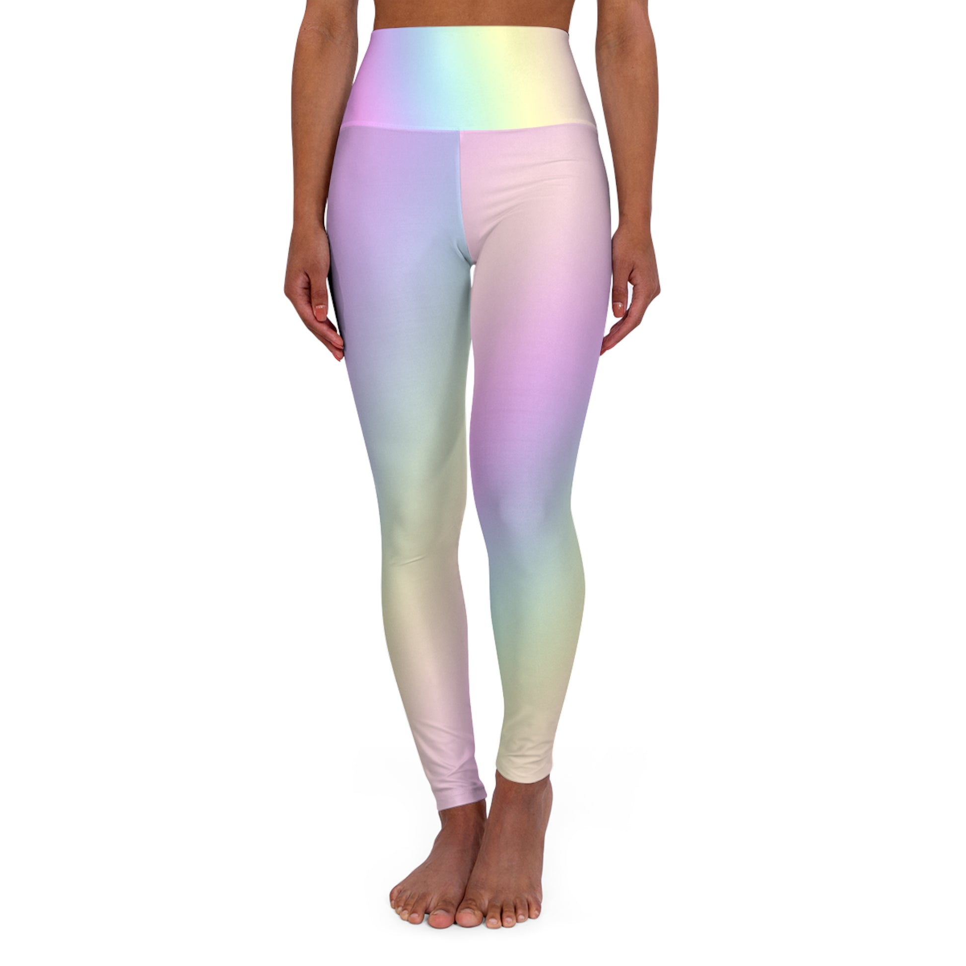 Woman wearing Soft Gradient Pastel Rainbow High Waist Yoga Leggings  Front View on a White Background - Printspirationz
