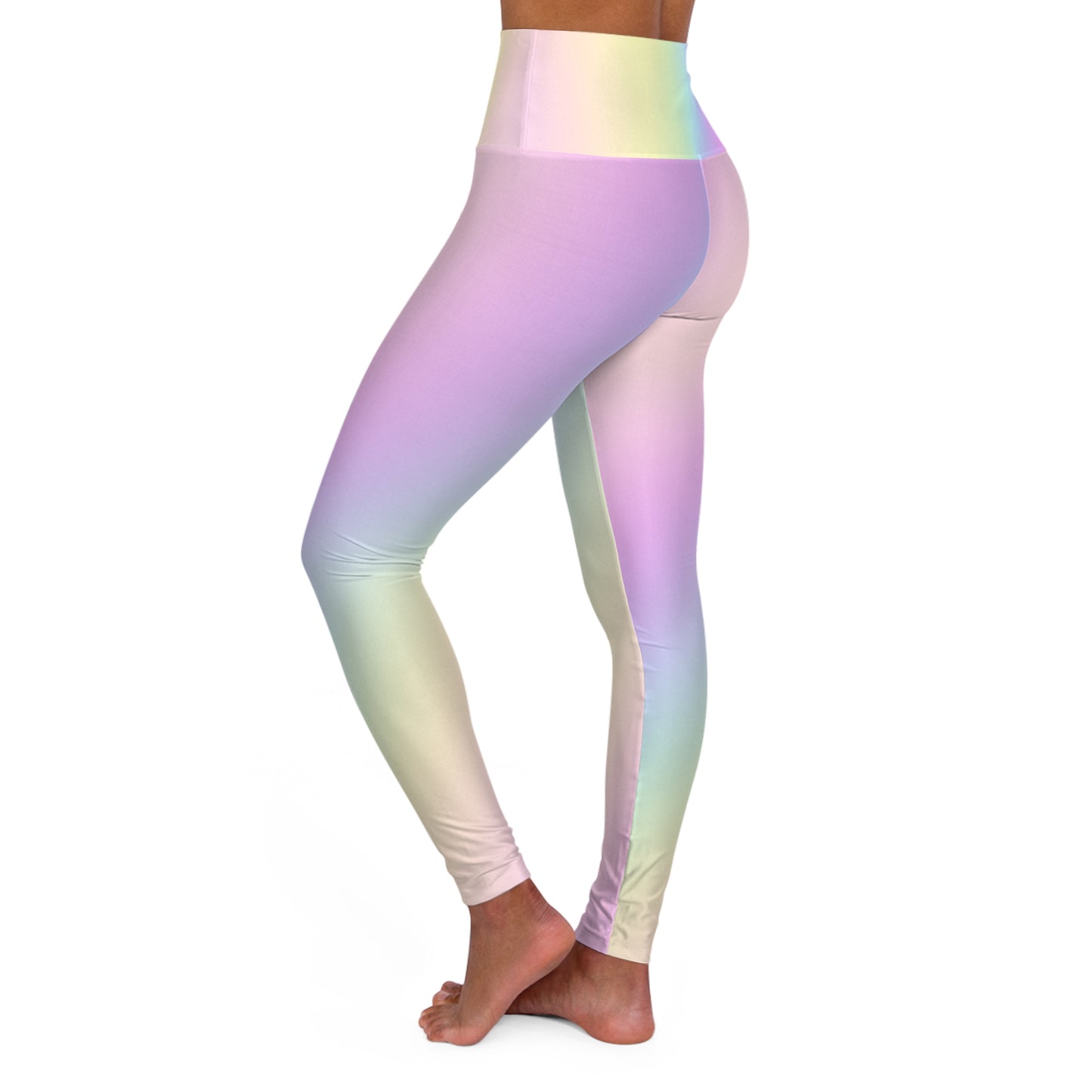 Woman wearing Soft Gradient Pastel Rainbow High Waist Yoga Leggings Left Side View on a White Background - Printspirationz