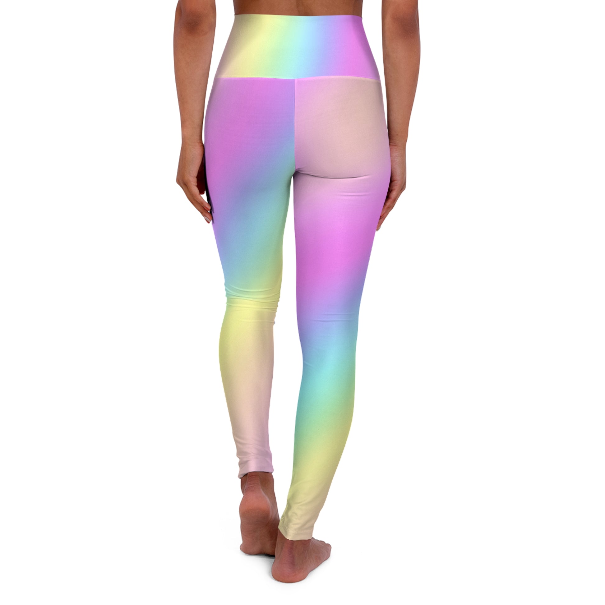 Woman wearing Vibrant Gradient Pastel Rainbow High Waist Yoga Leggings  Back View on a White Background - Printspirationz