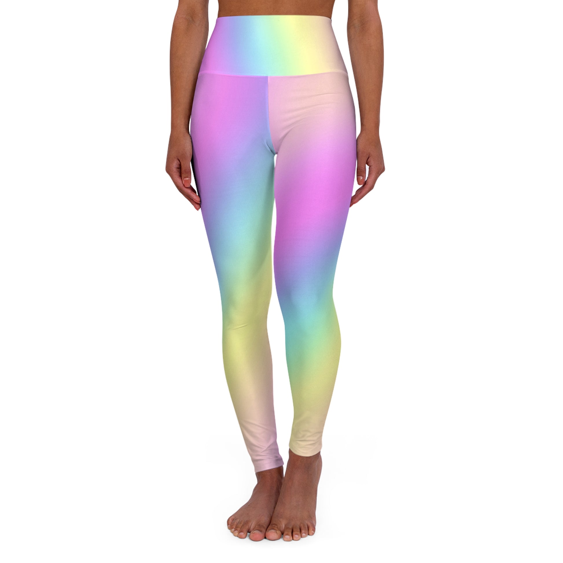 Woman wearing Vibrant Gradient Pastel Rainbow High Waist Yoga Leggings  Front View on a White Background - Printspirationz