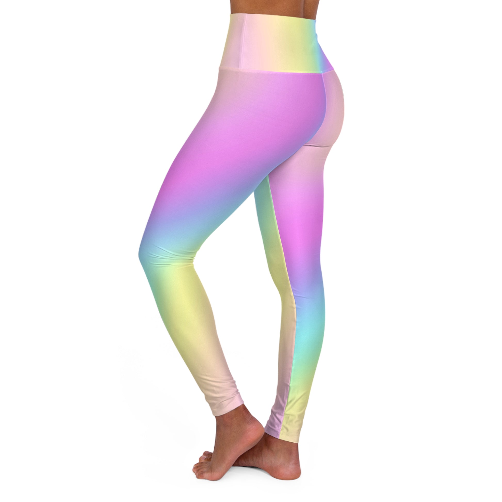 Woman wearing Vibrant Gradient Pastel Rainbow High Waist Yoga Leggings Left Side View on a White Background - Printspirationz