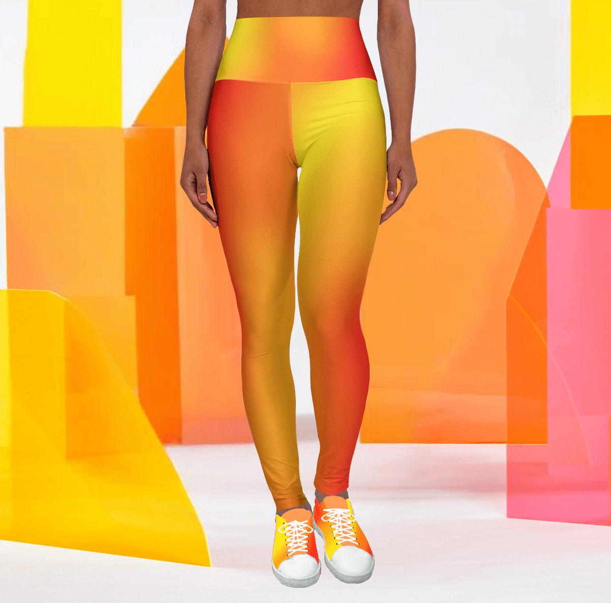 Woman in Vibrant Gradient Warm Colors High Waist Yoga Leggings  with a orange yellow and red background