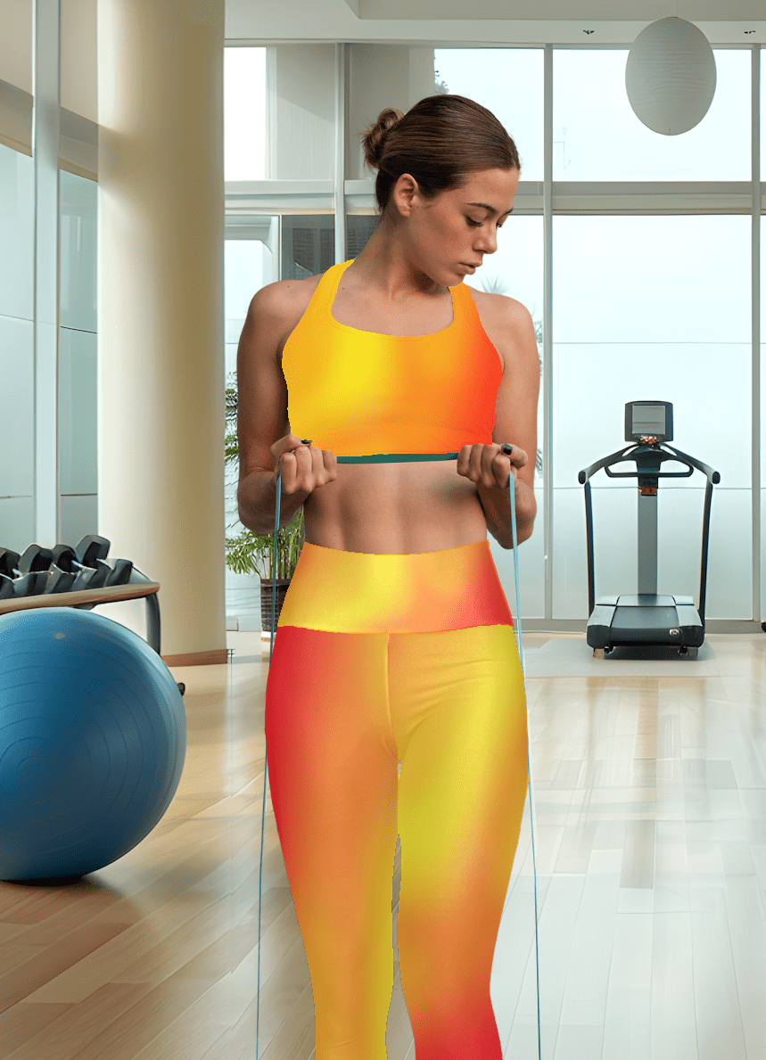 Woman in Vibrant Gradient Warm Colors High Waist Yoga Leggings  exercising with resistance bands in a gym setting - Printspirationz