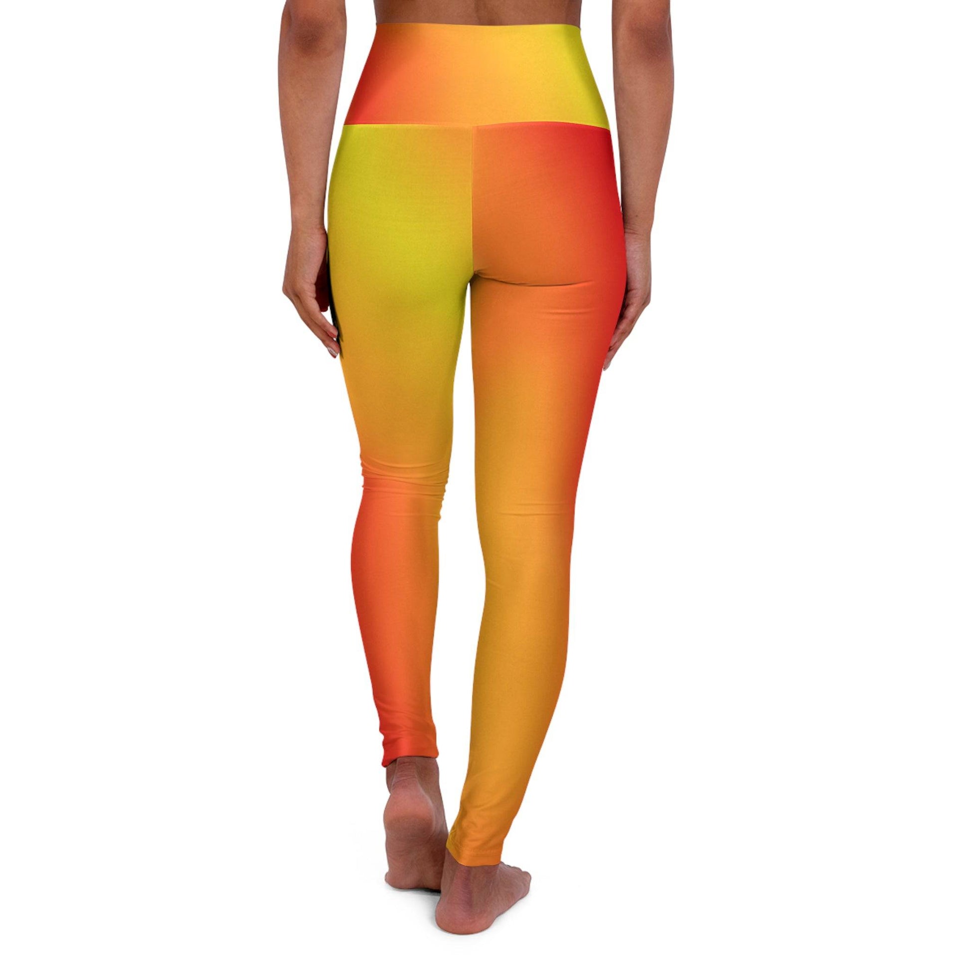 Woman wearing Vibrant Gradient Warm Colors High Waist Yoga Leggings  Back View on a White Background - Printspirationz