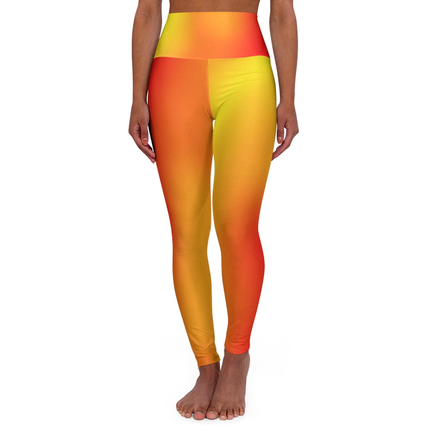 Woman wearing Vibrant Gradient Warm Colors High Waist Yoga Leggings  Front View on a White Background - Printspirationz