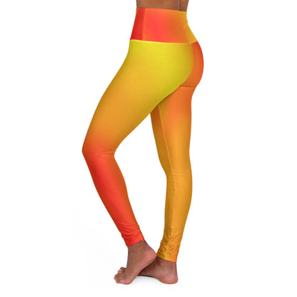 Woman wearing Vibrant Gradient Warm Colors High Waist Yoga Leggings  Left Side View on a White Background - Printspirationz