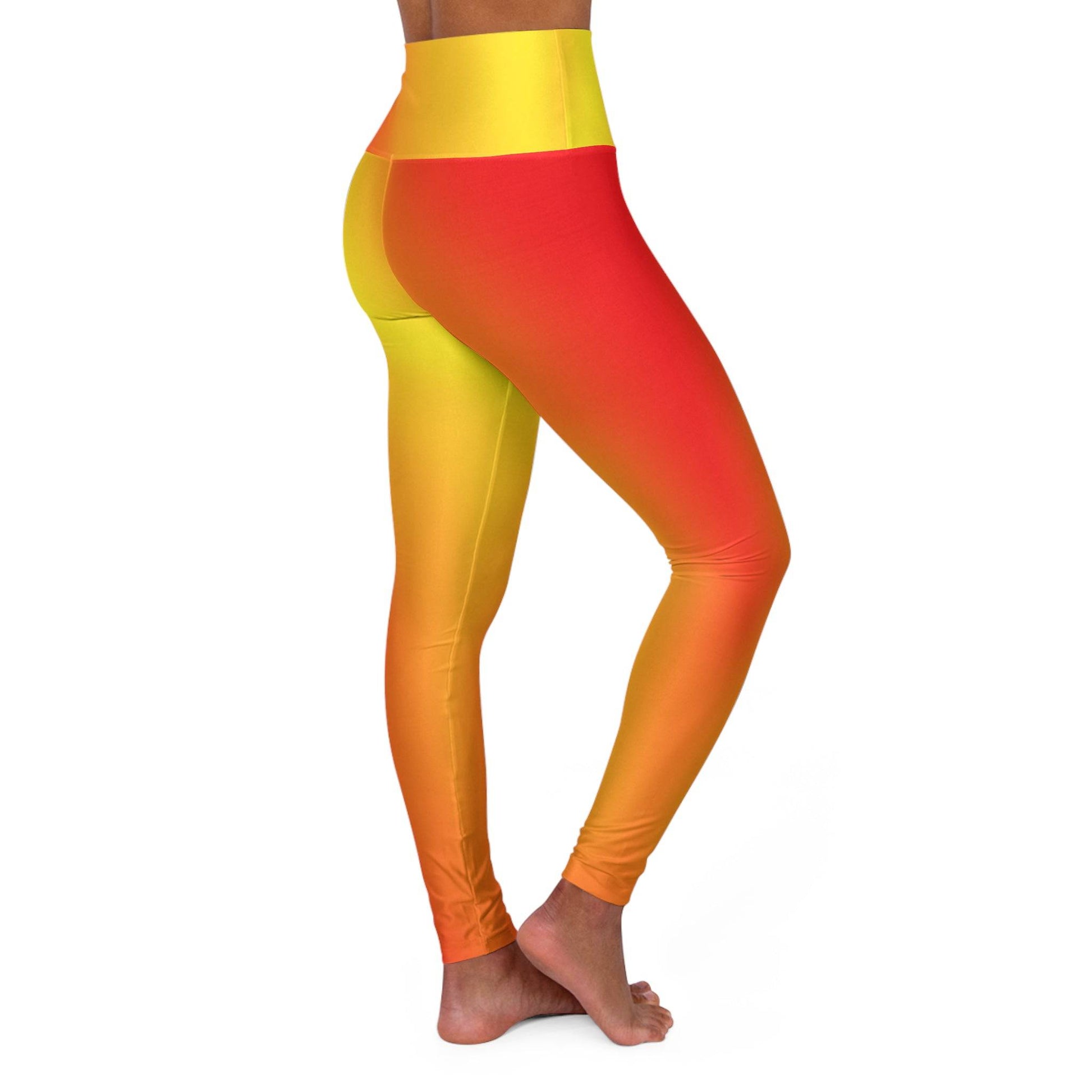 Woman wearing Vibrant Gradient Warm Colors High Waist Yoga Leggings  Right Side View on a White Background - Printspirationz
